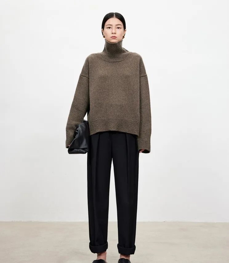 Turtleneck pure cashmere sweater female loose and thick languid lazy wind pullover sweater knitting base WOOL sweater
