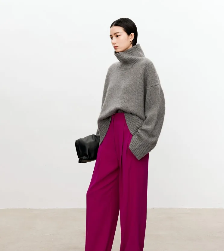 Turtleneck pure cashmere sweater female loose and thick languid lazy wind pullover sweater knitting base WOOL sweater