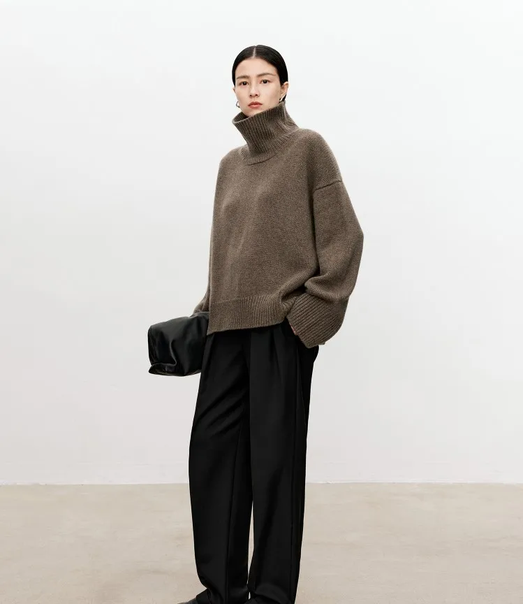 Turtleneck pure cashmere sweater female loose and thick languid lazy wind pullover sweater knitting base WOOL sweater