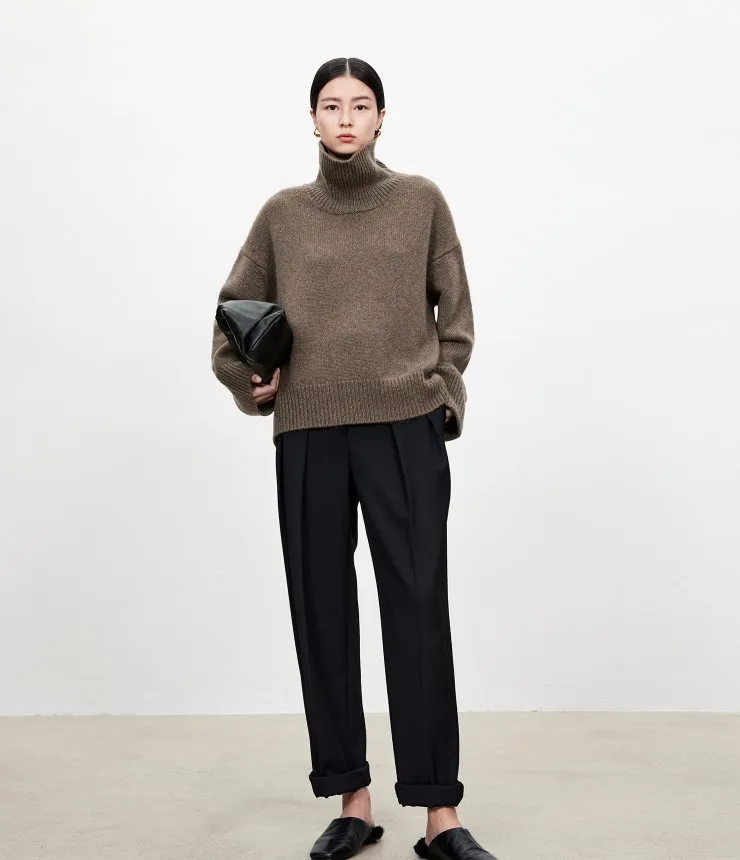 Turtleneck pure cashmere sweater female loose and thick languid lazy wind pullover sweater knitting base WOOL sweater