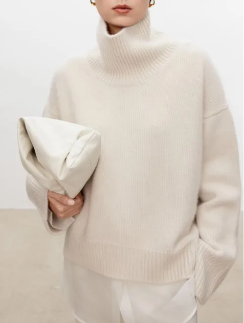 Turtleneck pure cashmere sweater female loose and thick languid lazy wind pullover sweater knitting base WOOL sweater