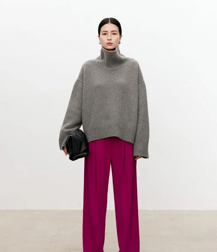 Turtleneck pure cashmere sweater female loose and thick languid lazy wind pullover sweater knitting base WOOL sweater