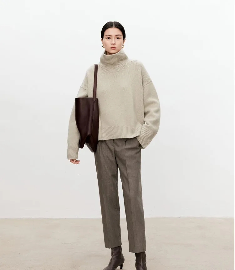Turtleneck pure cashmere sweater female loose and thick languid lazy wind pullover sweater knitting base WOOL sweater