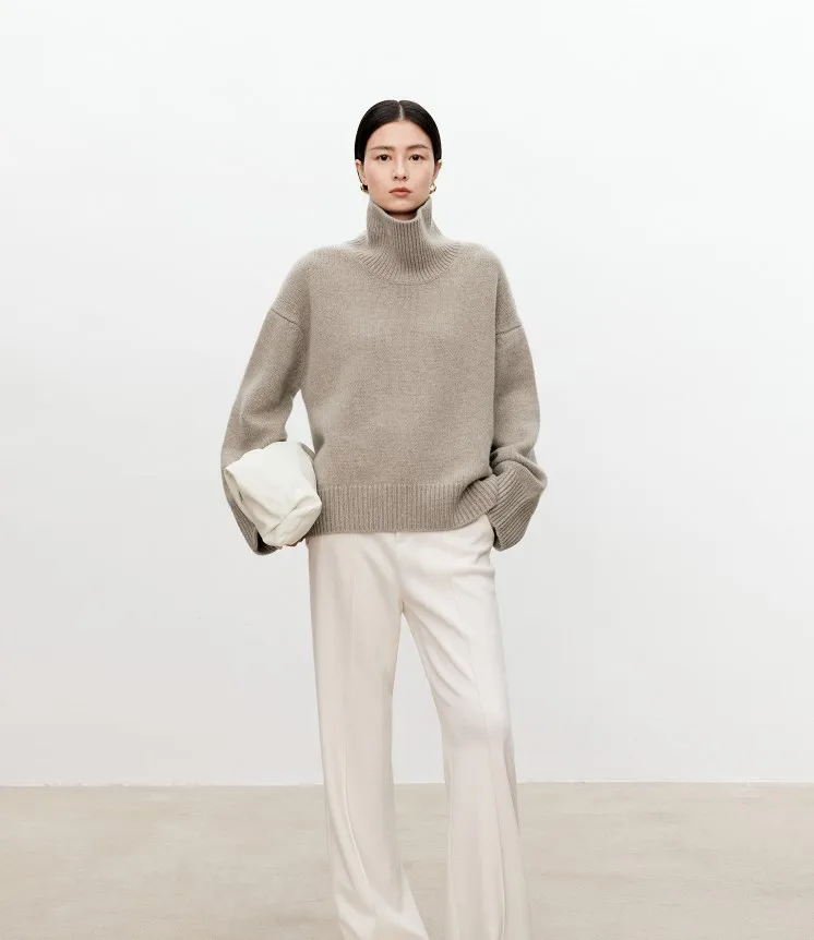 Turtleneck pure cashmere sweater female loose and thick languid lazy wind pullover sweater knitting base WOOL sweater