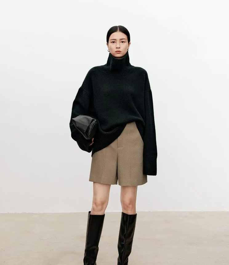 Turtleneck pure cashmere sweater female loose and thick languid lazy wind pullover sweater knitting base WOOL sweater