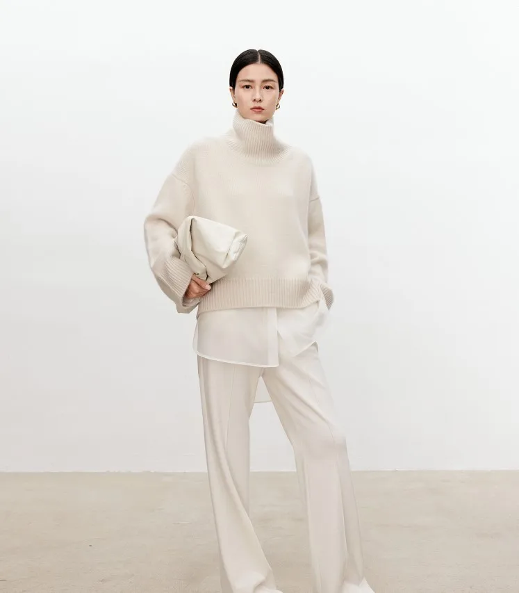 Turtleneck pure cashmere sweater female loose and thick languid lazy wind pullover sweater knitting base WOOL sweater