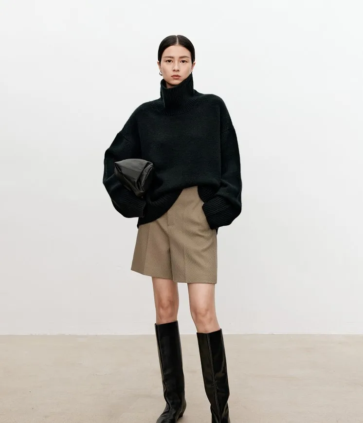 Turtleneck pure cashmere sweater female loose and thick languid lazy wind pullover sweater knitting base WOOL sweater