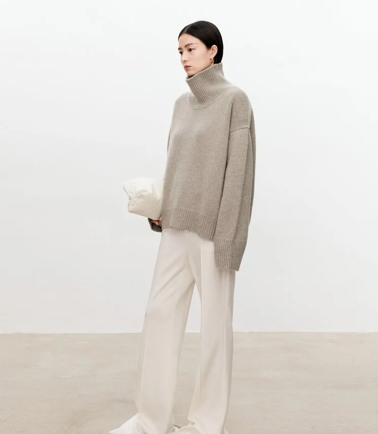Turtleneck pure cashmere sweater female loose and thick languid lazy wind pullover sweater knitting base WOOL sweater