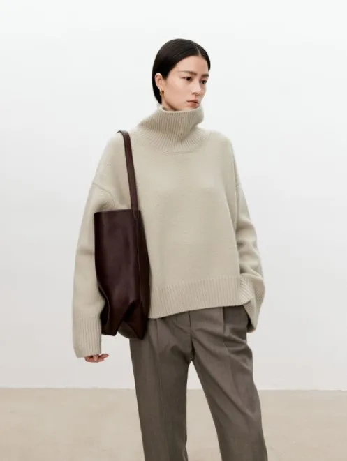 Turtleneck pure cashmere sweater female loose and thick languid lazy wind pullover sweater knitting base WOOL sweater