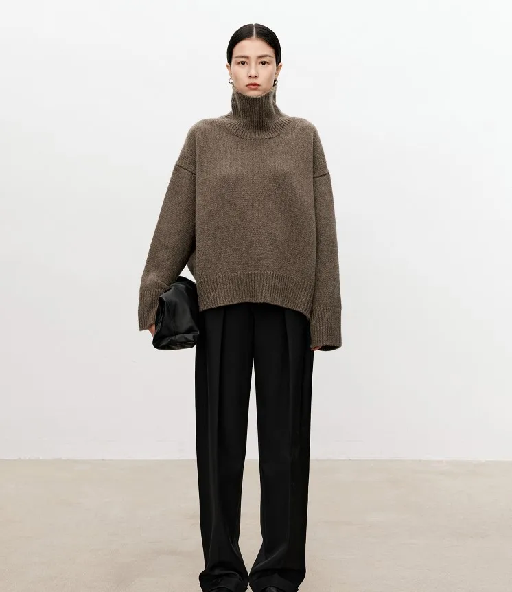 Turtleneck pure cashmere sweater female loose and thick languid lazy wind pullover sweater knitting base WOOL sweater