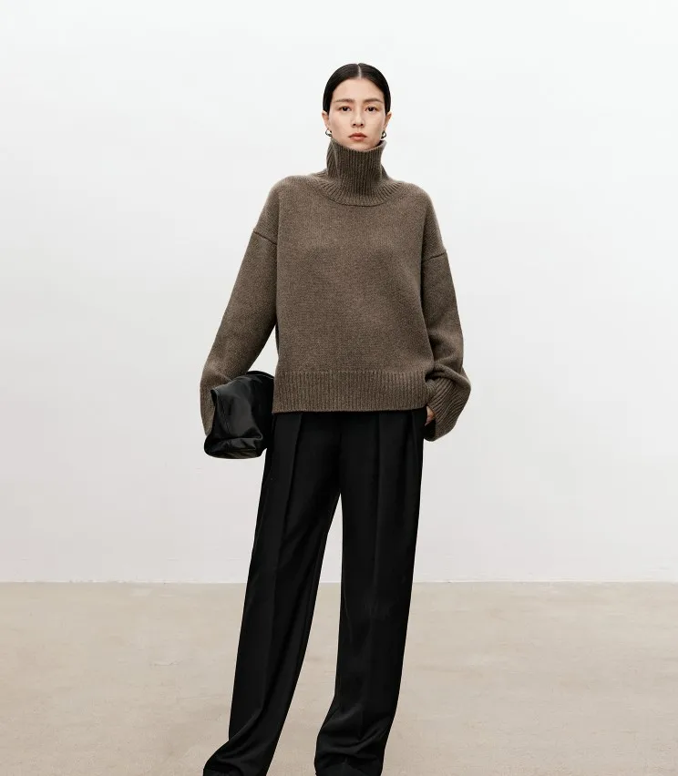 Turtleneck pure cashmere sweater female loose and thick languid lazy wind pullover sweater knitting base WOOL sweater