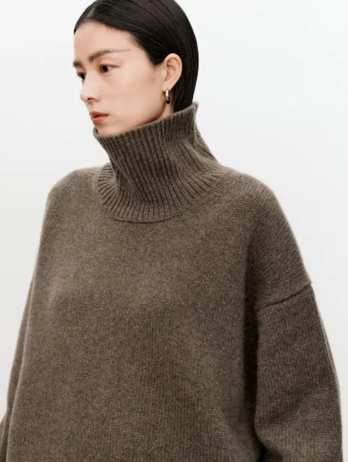 Turtleneck pure cashmere sweater female loose and thick languid lazy wind pullover sweater knitting base WOOL sweater