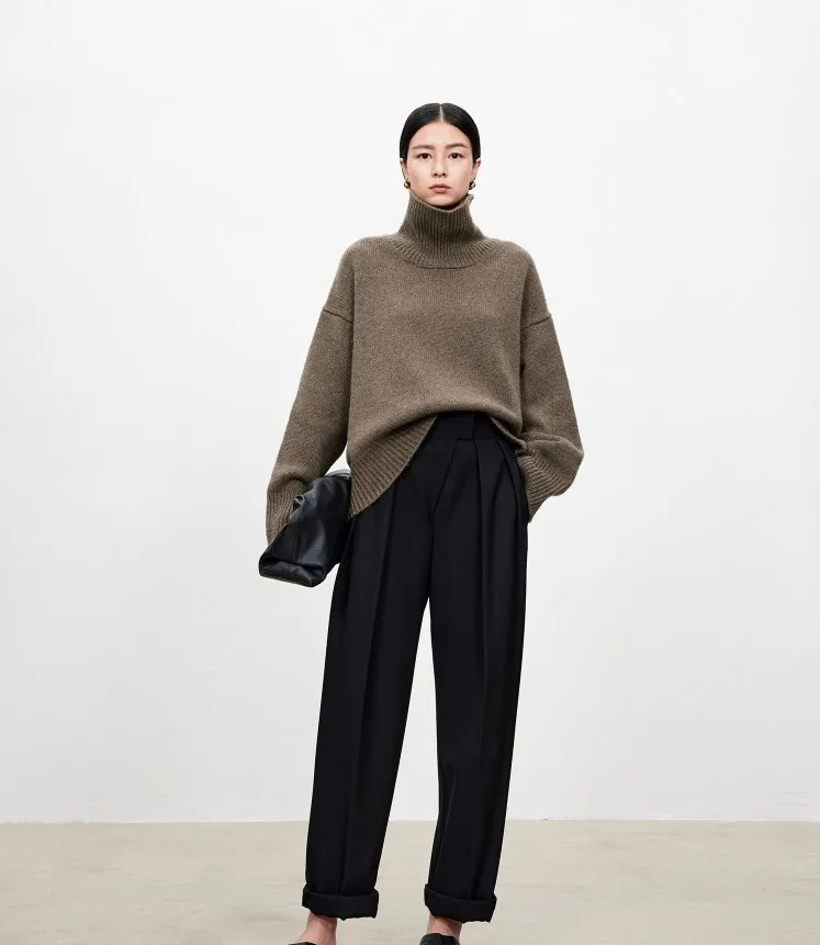 Turtleneck pure cashmere sweater female loose and thick languid lazy wind pullover sweater knitting base WOOL sweater
