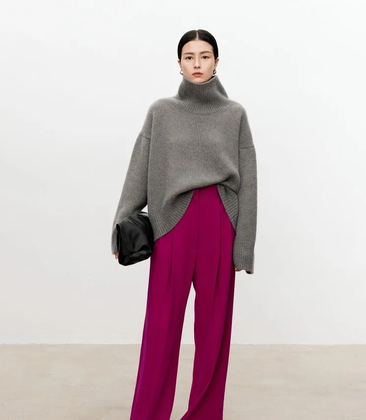 Turtleneck pure cashmere sweater female loose and thick languid lazy wind pullover sweater knitting base WOOL sweater