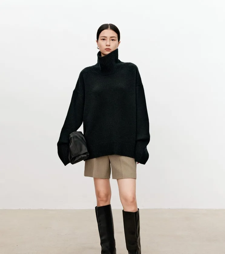 Turtleneck pure cashmere sweater female loose and thick languid lazy wind pullover sweater knitting base WOOL sweater