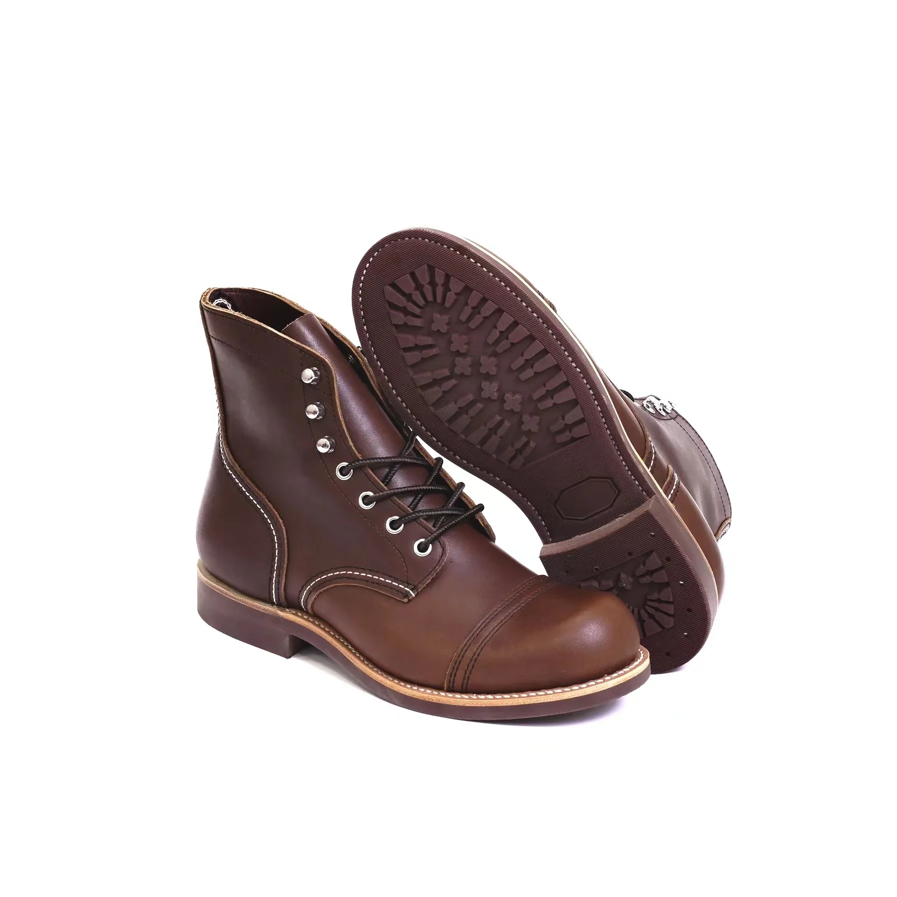 Durable Goodyear-Welted Motorcycle Rugged Heritage Boots Vintage Oil Genuine Leather 8111 Red Punk For Men Cowhide Mid-Cut Shoes