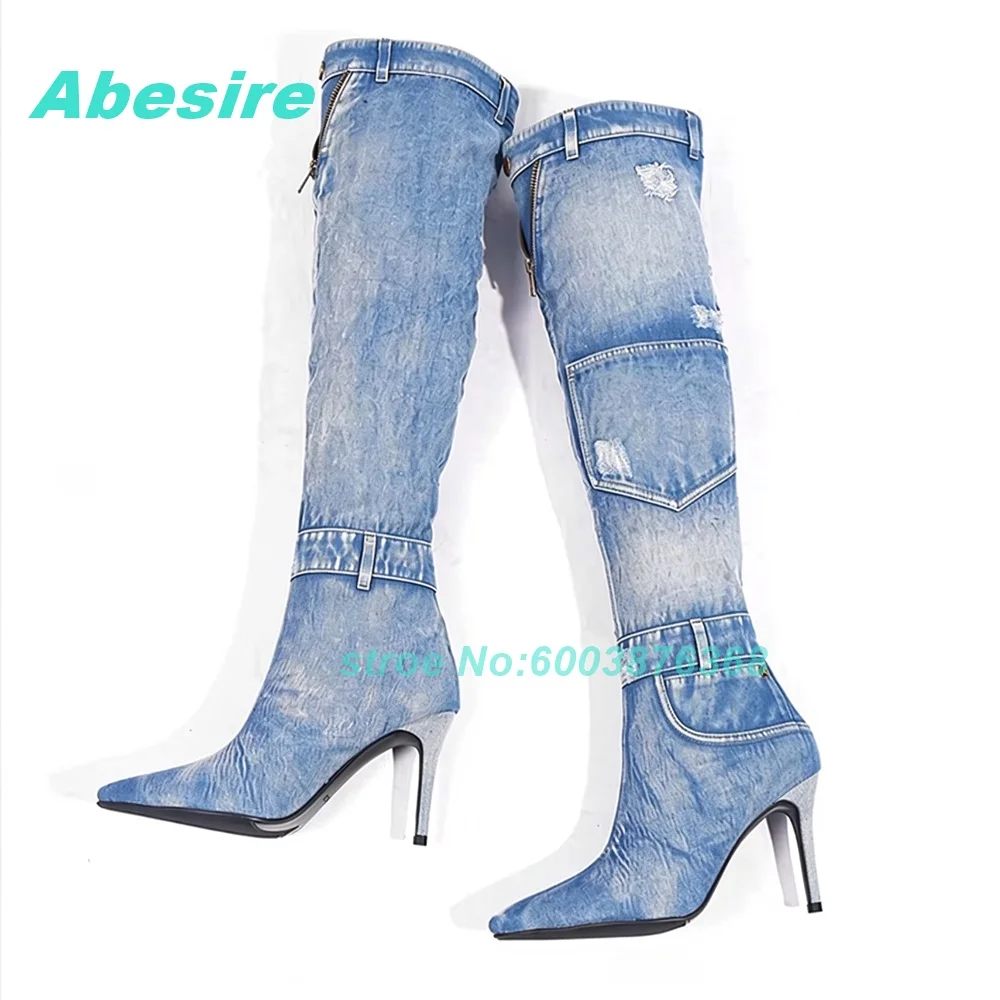 Winter New Warm Denim Knee Length Boots Women Fashion Slim Heels High Heels High Boots Pointed Toe Thin Heels Women's Boots Sexy