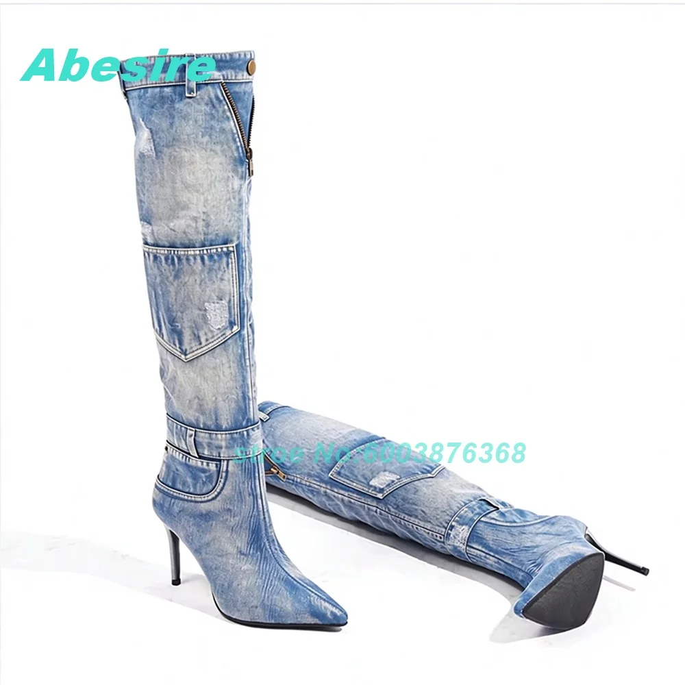 Winter New Warm Denim Knee Length Boots Women Fashion Slim Heels High Heels High Boots Pointed Toe Thin Heels Women's Boots Sexy