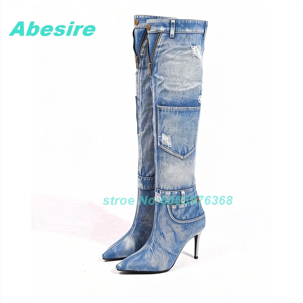 Winter New Warm Denim Knee Length Boots Women Fashion Slim Heels High Heels High Boots Pointed Toe Thin Heels Women's Boots Sexy
