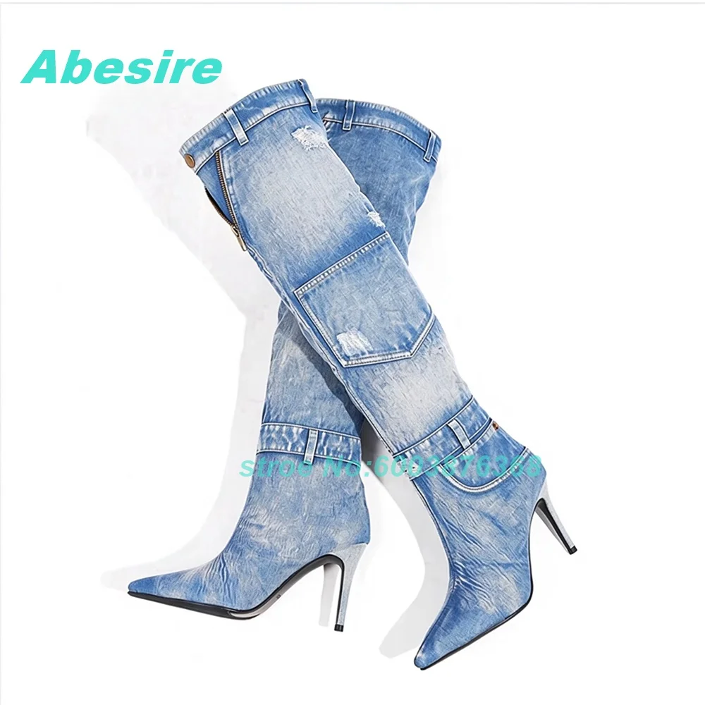Winter New Warm Denim Knee Length Boots Women Fashion Slim Heels High Heels High Boots Pointed Toe Thin Heels Women's Boots Sexy