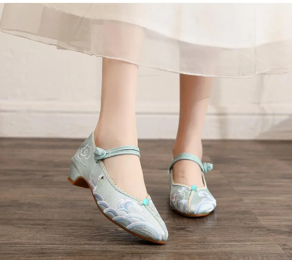 Embroidered Pointed Toe Women Mary Jane Pumps Ethnic Vintage Dress Shoe for Ladies Mid Heel Ankle Strap Dance Shoe