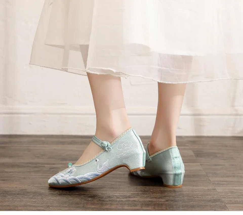Embroidered Pointed Toe Women Mary Jane Pumps Ethnic Vintage Dress Shoe for Ladies Mid Heel Ankle Strap Dance Shoe