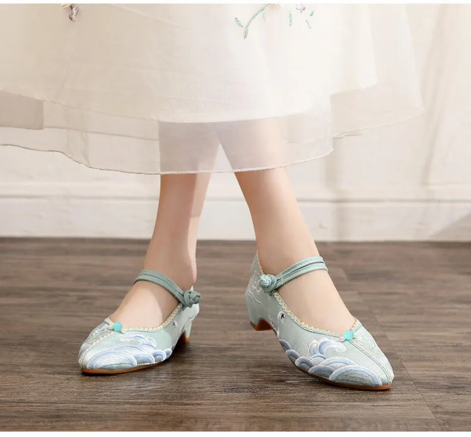 Embroidered Pointed Toe Women Mary Jane Pumps Ethnic Vintage Dress Shoe for Ladies Mid Heel Ankle Strap Dance Shoe