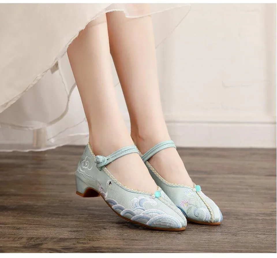 Embroidered Pointed Toe Women Mary Jane Pumps Ethnic Vintage Dress Shoe for Ladies Mid Heel Ankle Strap Dance Shoe