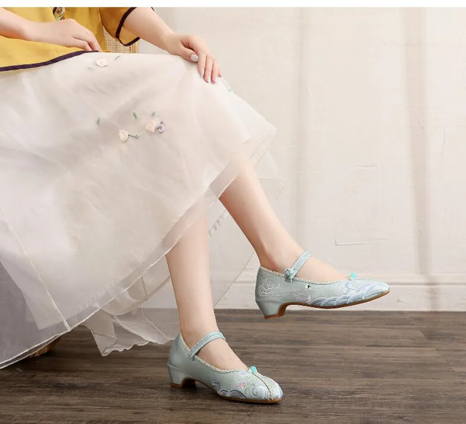 Embroidered Pointed Toe Women Mary Jane Pumps Ethnic Vintage Dress Shoe for Ladies Mid Heel Ankle Strap Dance Shoe