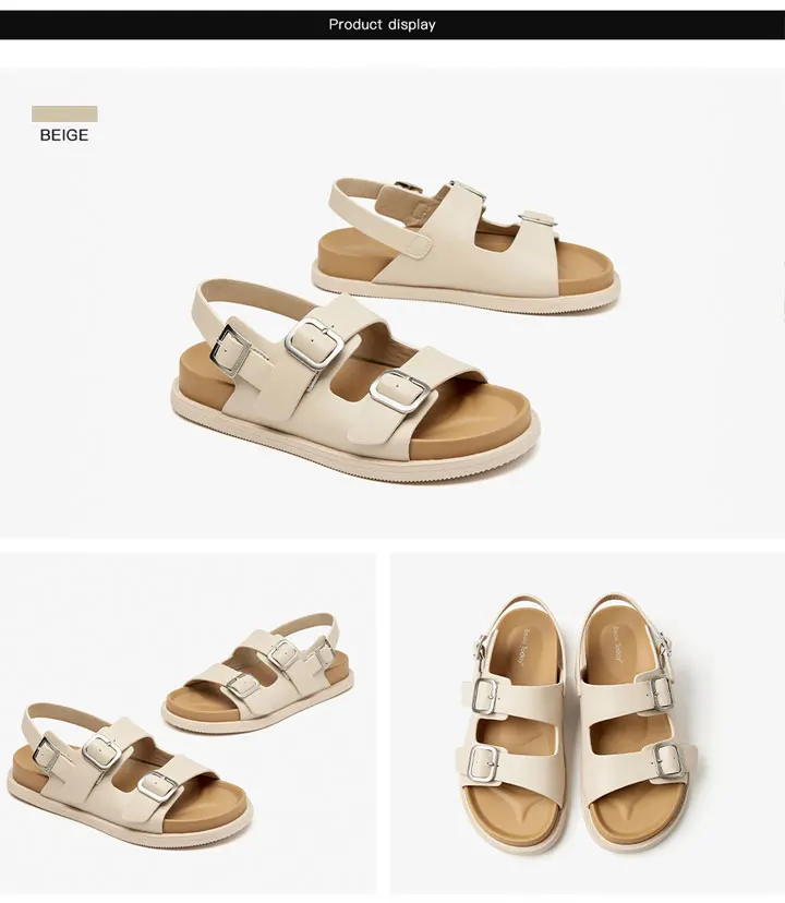 BEAUTODAY Sandals Women Leather Double Buckle Strap 2023 Fashion Solid Color Flats Leisure Beach Ladies Shoes Handmade A34548