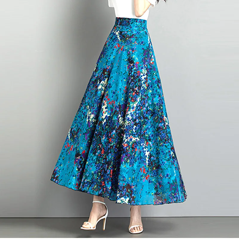 Summer Large Plus size A-line Chiffon Small floral Striped Skirt harajuku , Long Skirts Women's Chic and Elegant Woman Skirt