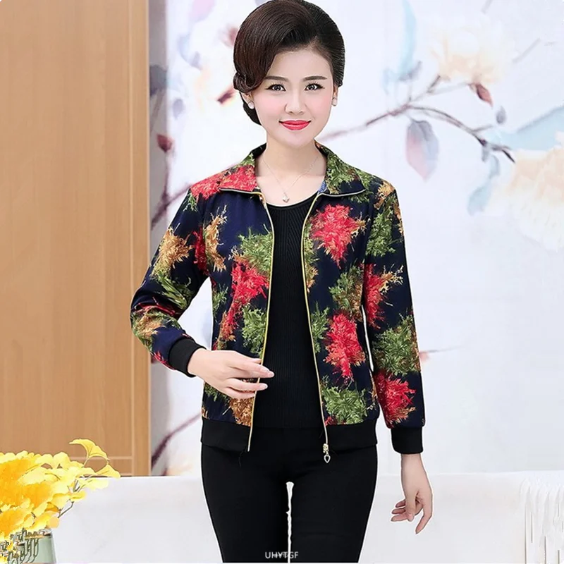 UHYTGF Women Coat Fashion Printing Casual Mother Spring Autumn Jacket Long-Sleeved Short Tops Female Thin Big Size Outwear 2174