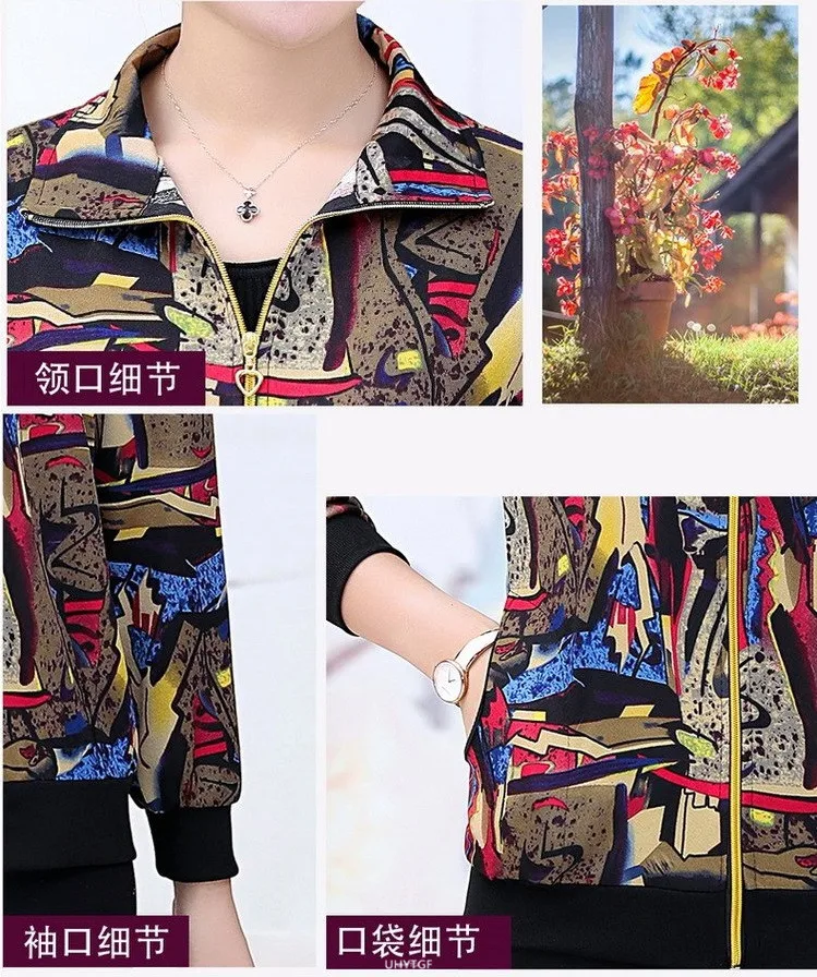 UHYTGF Women Coat Fashion Printing Casual Mother Spring Autumn Jacket Long-Sleeved Short Tops Female Thin Big Size Outwear 2174