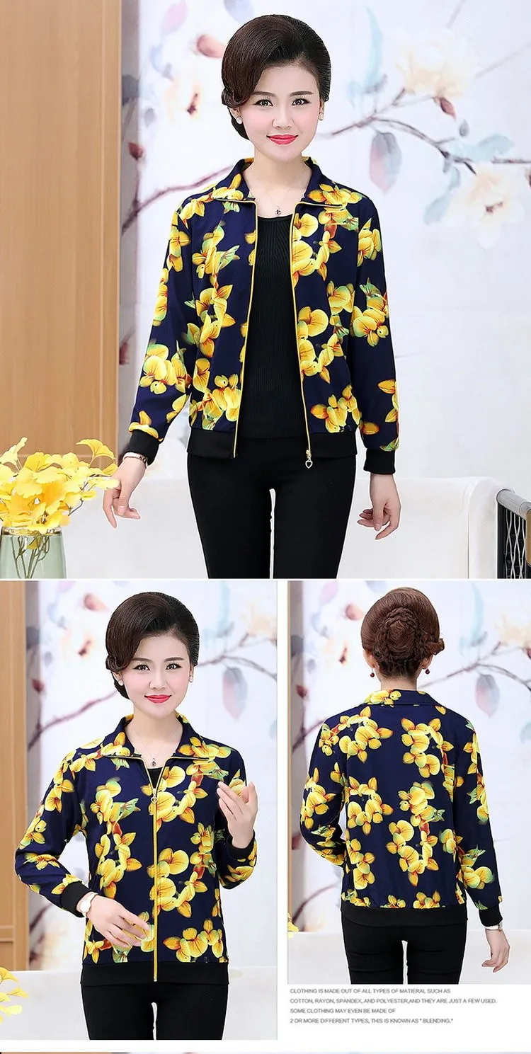 UHYTGF Women Coat Fashion Printing Casual Mother Spring Autumn Jacket Long-Sleeved Short Tops Female Thin Big Size Outwear 2174