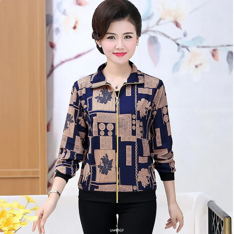 UHYTGF Women Coat Fashion Printing Casual Mother Spring Autumn Jacket Long-Sleeved Short Tops Female Thin Big Size Outwear 2174