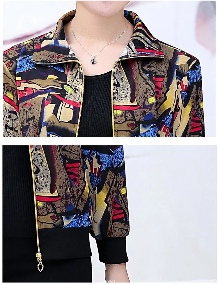 UHYTGF Women Coat Fashion Printing Casual Mother Spring Autumn Jacket Long-Sleeved Short Tops Female Thin Big Size Outwear 2174