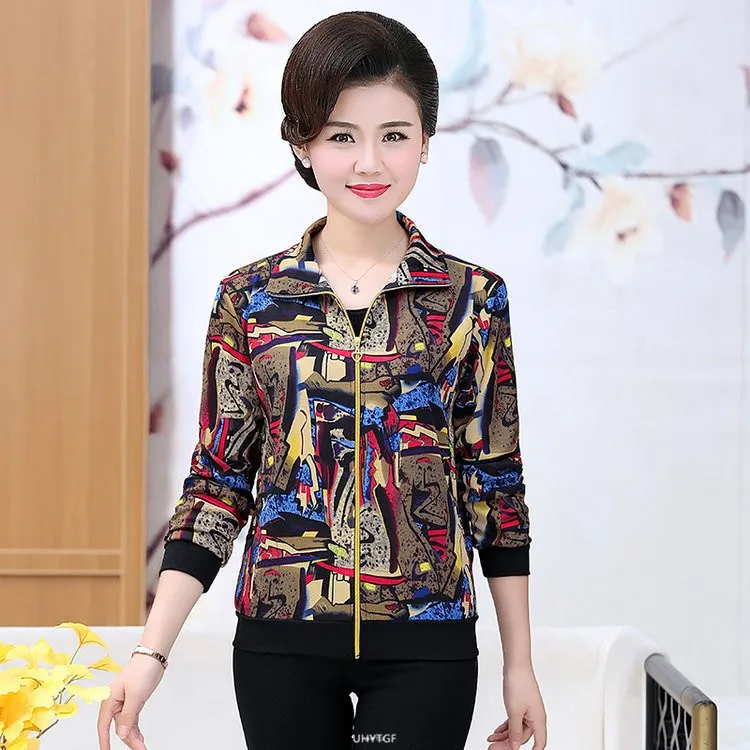 UHYTGF Women Coat Fashion Printing Casual Mother Spring Autumn Jacket Long-Sleeved Short Tops Female Thin Big Size Outwear 2174