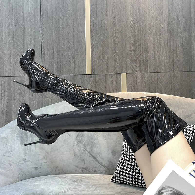 Crossdresser Autumn Women's High Boots 10cm Thin Heels Zipper Pumps Over The Knee Motorcycle Botte Femme Female Botas Ee Mujer