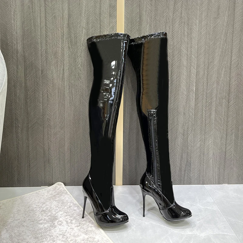 Crossdresser Autumn Women's High Boots 10cm Thin Heels Zipper Pumps Over The Knee Motorcycle Botte Femme Female Botas Ee Mujer