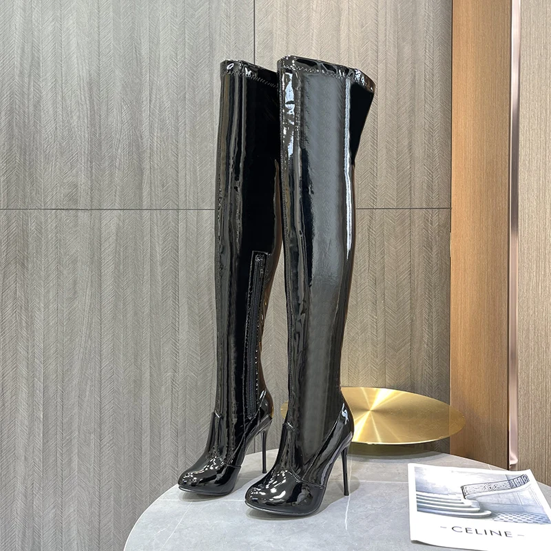 Crossdresser Autumn Women's High Boots 10cm Thin Heels Zipper Pumps Over The Knee Motorcycle Botte Femme Female Botas Ee Mujer