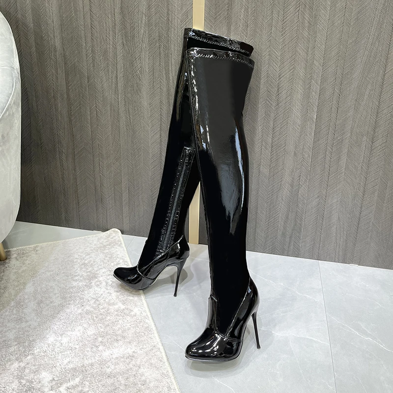 Crossdresser Autumn Women's High Boots 10cm Thin Heels Zipper Pumps Over The Knee Motorcycle Botte Femme Female Botas Ee Mujer