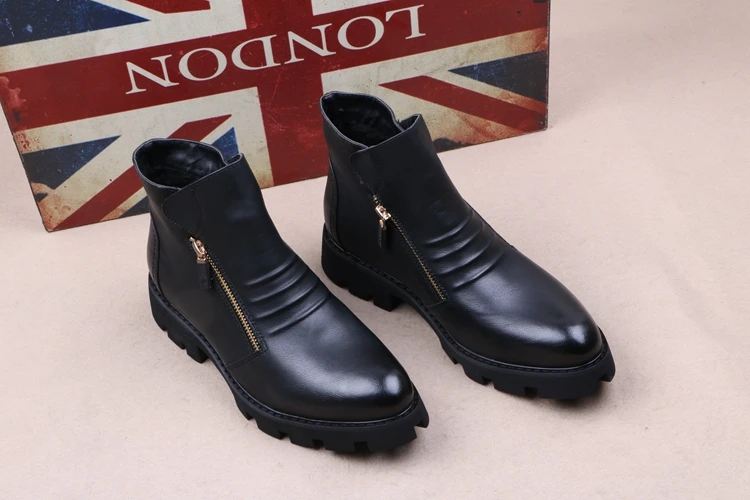 new fashion mens platform boots black genuine leather shoes outdoor warm cotton winter snow botte ankle botas de homens sapatos