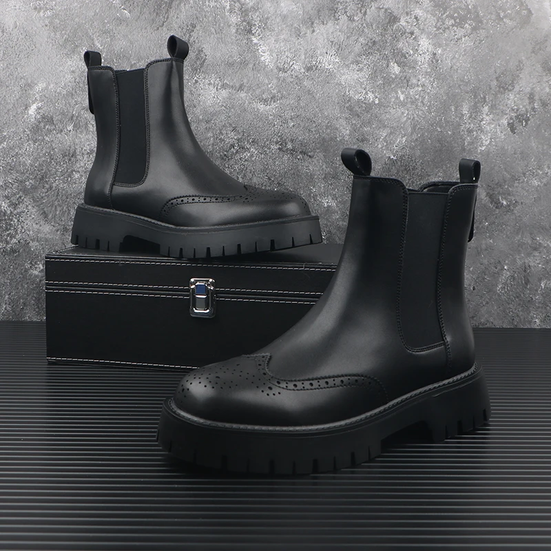 new fashion mens platform boots black genuine leather shoes outdoor warm cotton winter snow botte ankle botas de homens sapatos