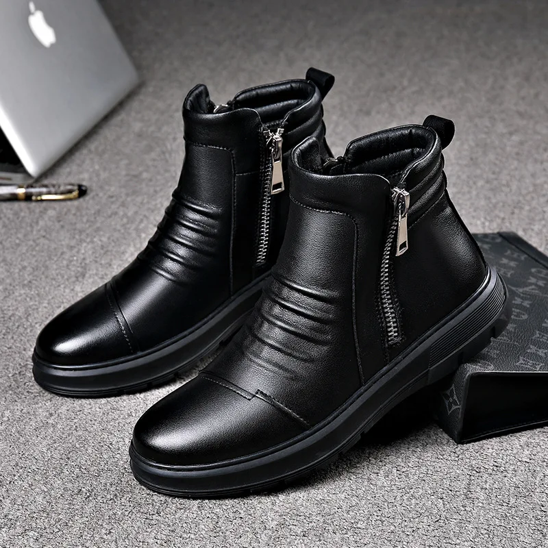 new fashion mens platform boots black genuine leather shoes outdoor warm cotton winter snow botte ankle botas de homens sapatos