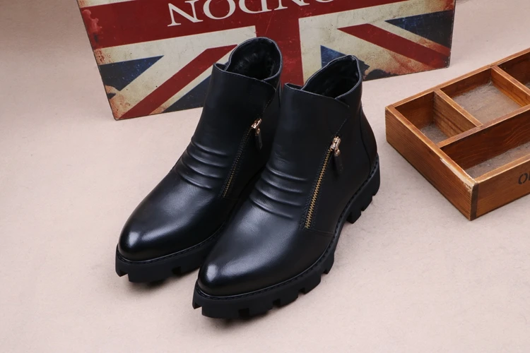 new fashion mens platform boots black genuine leather shoes outdoor warm cotton winter snow botte ankle botas de homens sapatos
