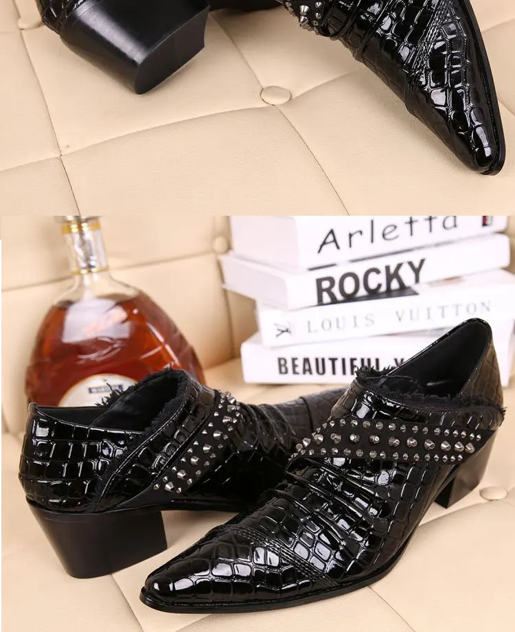 Men's Genuine Cowhide Low‑top High Heel Shoes Metal Tip Buckle Decor Luxury Heighten Dress Footwear For Singer Stage Performance