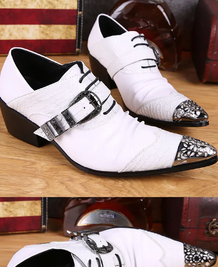 Men's Genuine Cowhide Low‑top High Heel Shoes Metal Tip Buckle Decor Luxury Heighten Dress Footwear For Singer Stage Performance