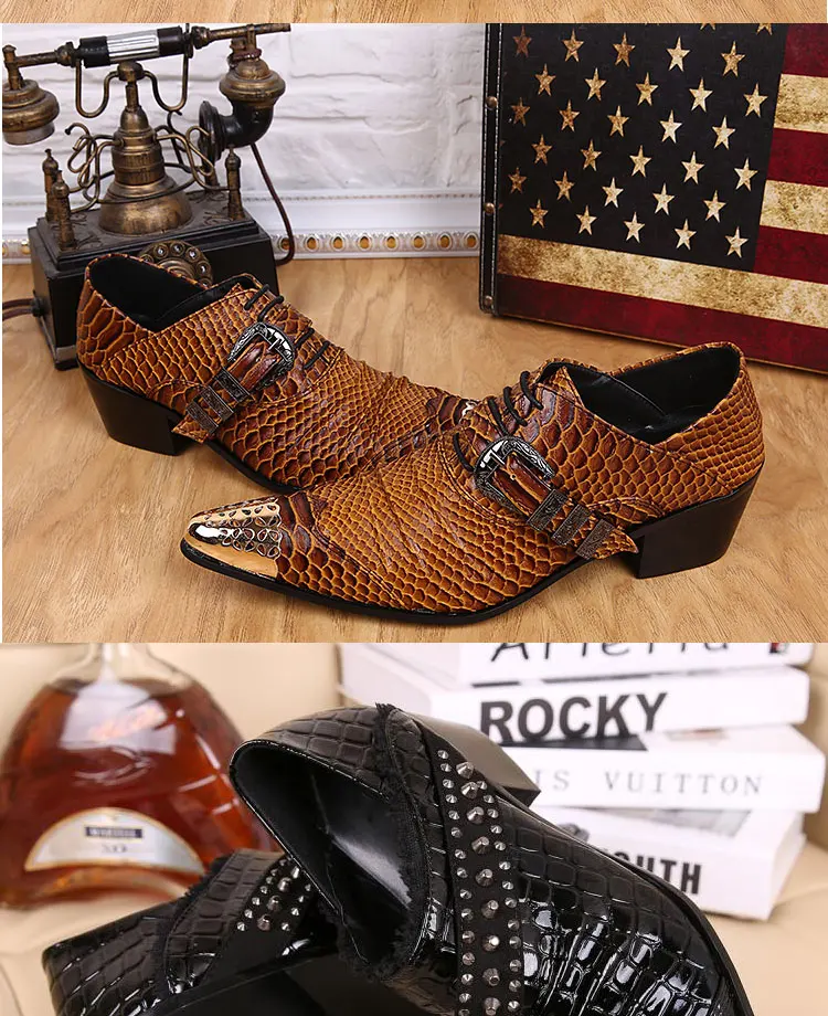 Men's Genuine Cowhide Low‑top High Heel Shoes Metal Tip Buckle Decor Luxury Heighten Dress Footwear For Singer Stage Performance