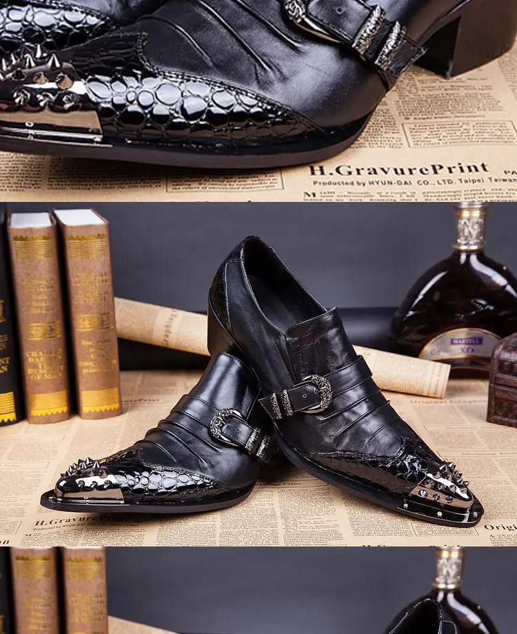 Men's Genuine Cowhide Low‑top High Heel Shoes Metal Tip Buckle Decor Luxury Heighten Dress Footwear For Singer Stage Performance