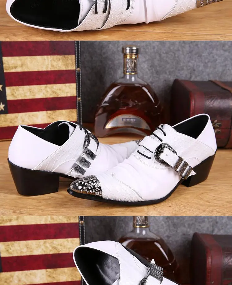 Men's Genuine Cowhide Low‑top High Heel Shoes Metal Tip Buckle Decor Luxury Heighten Dress Footwear For Singer Stage Performance